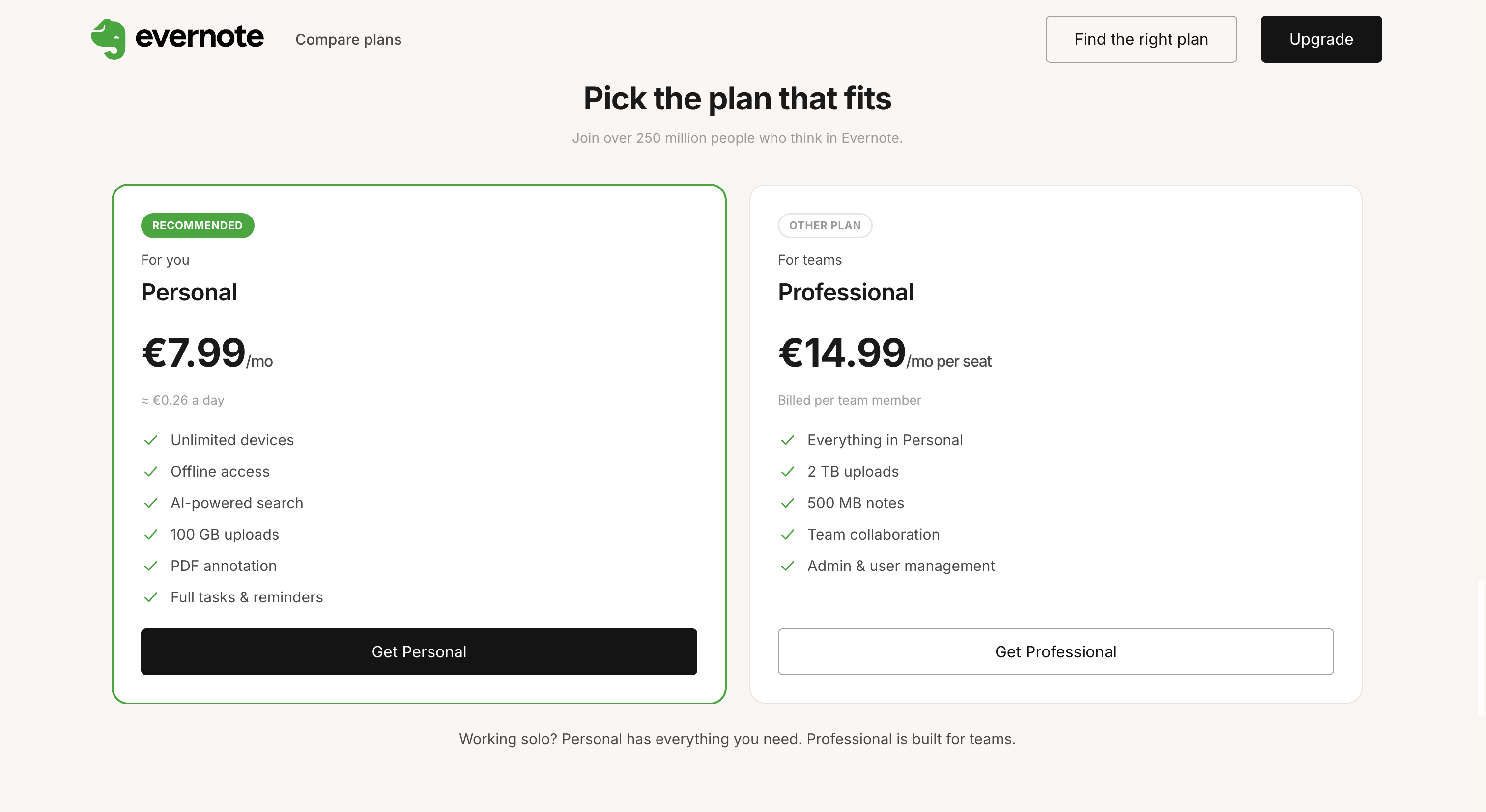 Evernote — final pricing section, Personal and Professional plan cards