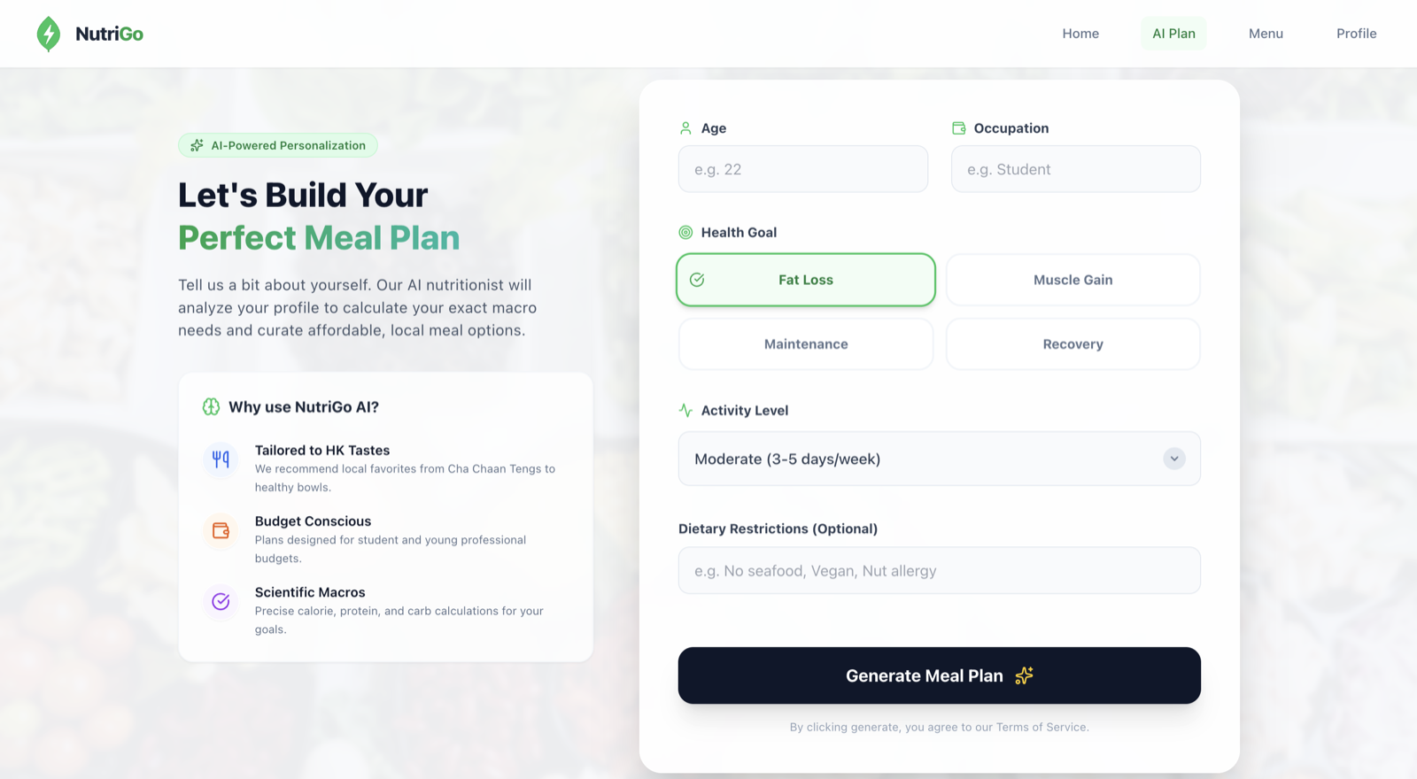 NutriGo AI Plan page — profile builder form with health goal and activity level