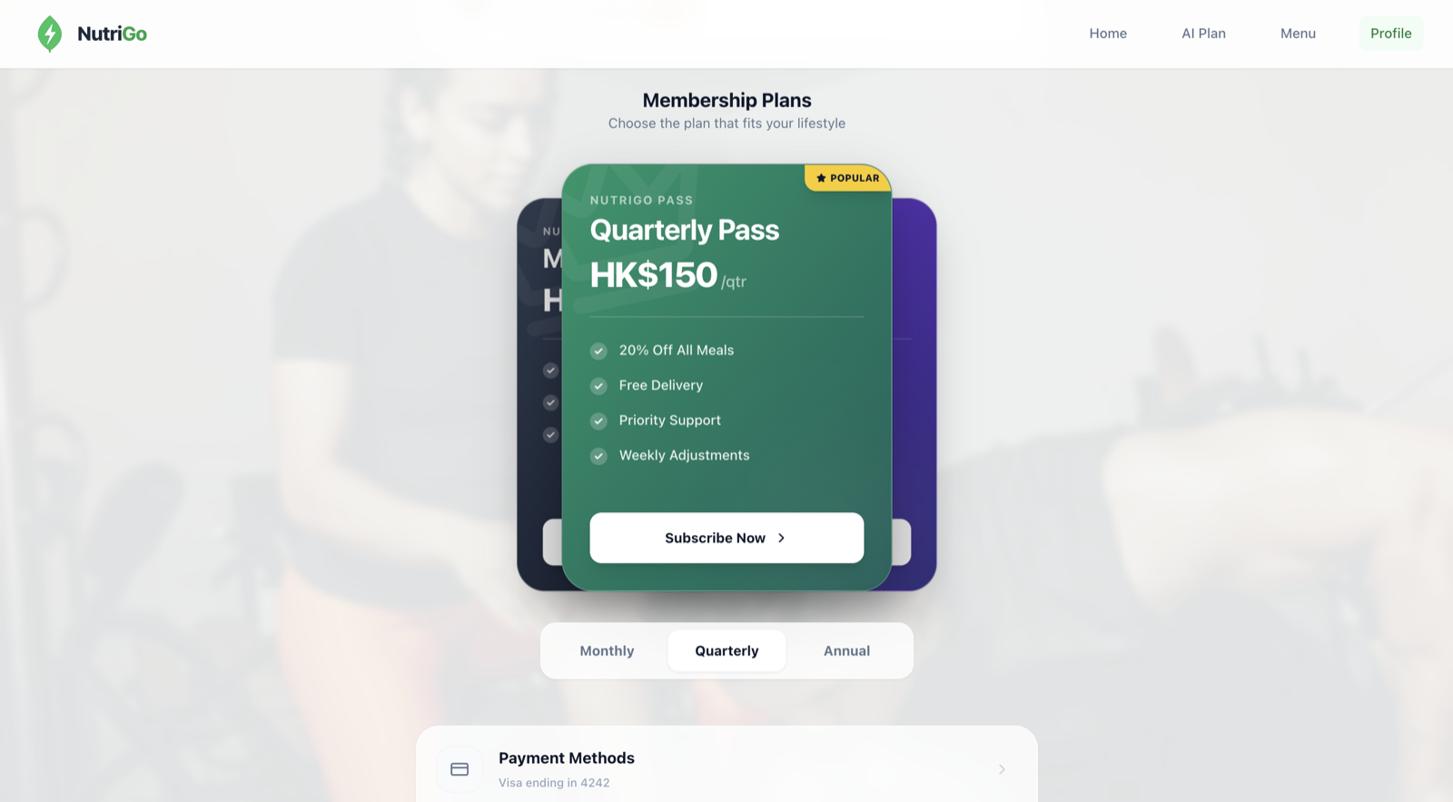 NutriGo Profile page — Monthly, Quarterly and Annual membership plans and payment methods