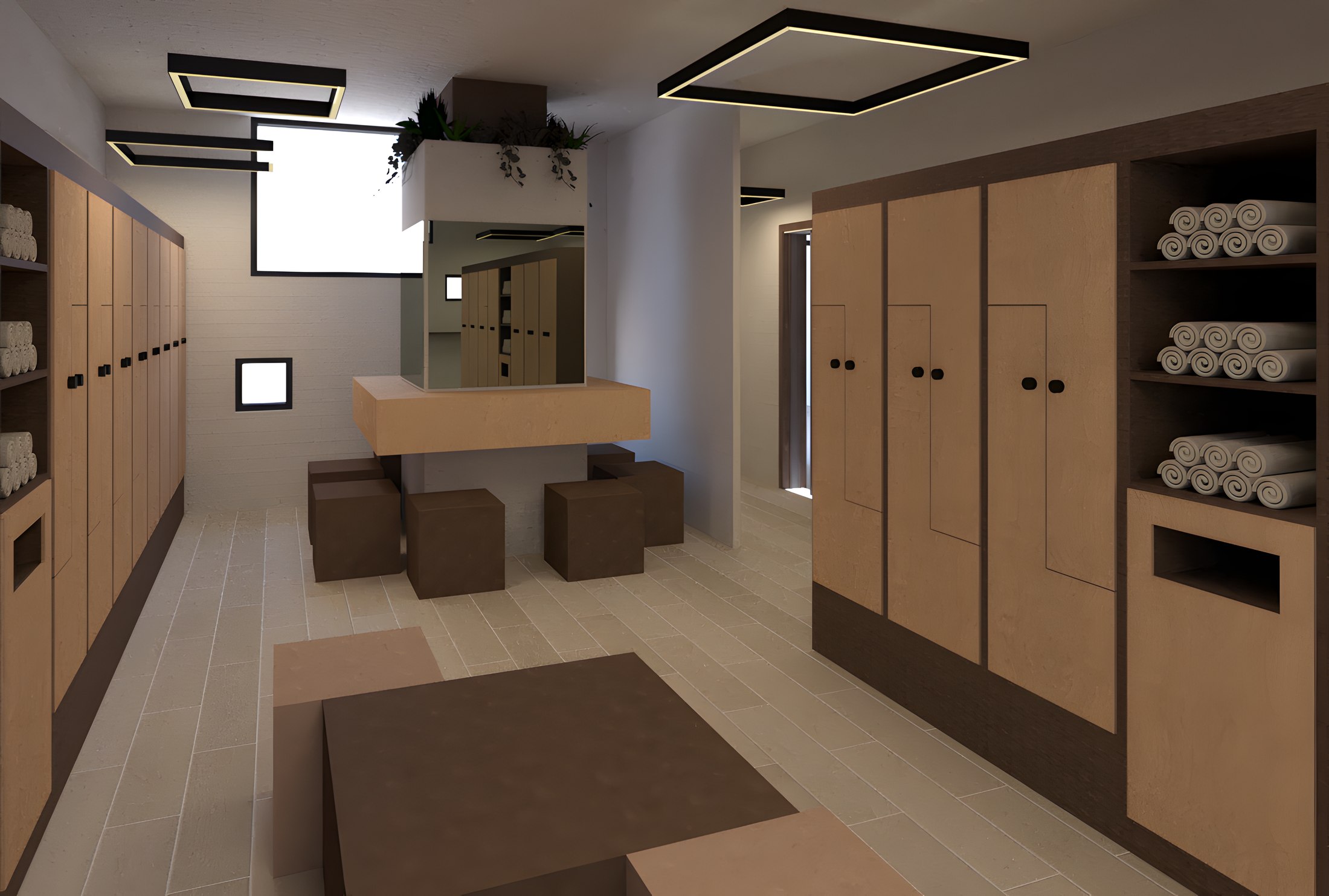Sport Cub3 — locker room render with mirror and plants