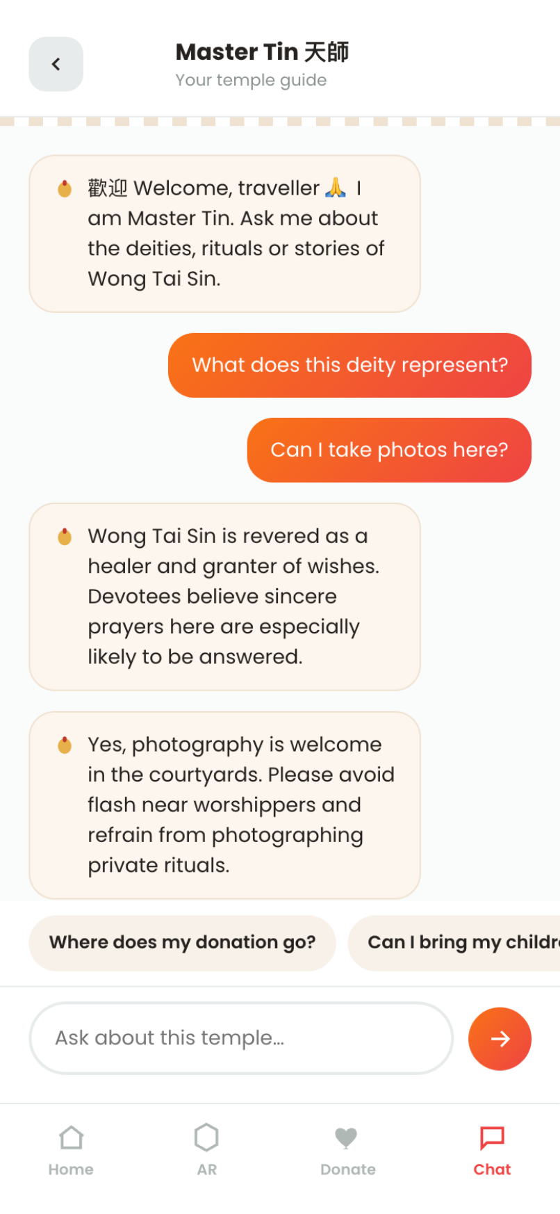 Tindao — Master Tin AI temple guide chat with quick questions on deities and etiquette