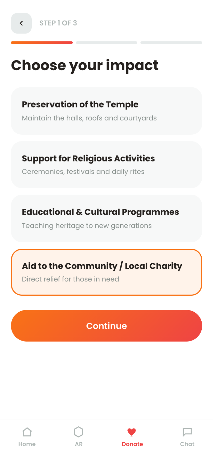 Tindao — donation step 1, choose your impact: preservation, religious activities, educational programmes or community aid