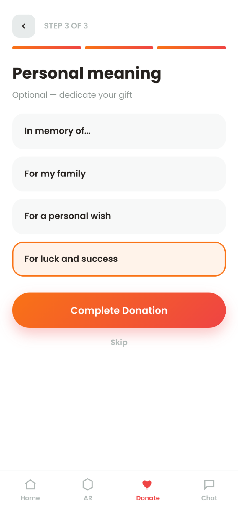 Tindao — donation step 3, personal meaning for the gift