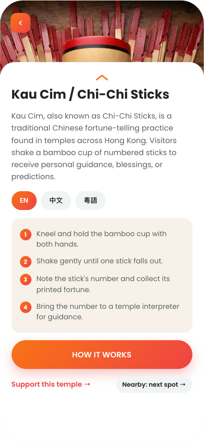 Tindao — How It Works guide, 4 steps to perform the Kau Cim ritual
